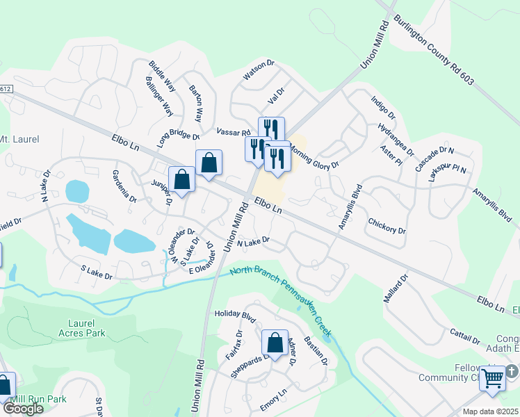 map of restaurants, bars, coffee shops, grocery stores, and more near 71 Center Lane in Mount Laurel Township