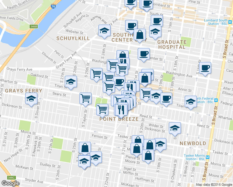 map of restaurants, bars, coffee shops, grocery stores, and more near 2218 Latona Street in Philadelphia