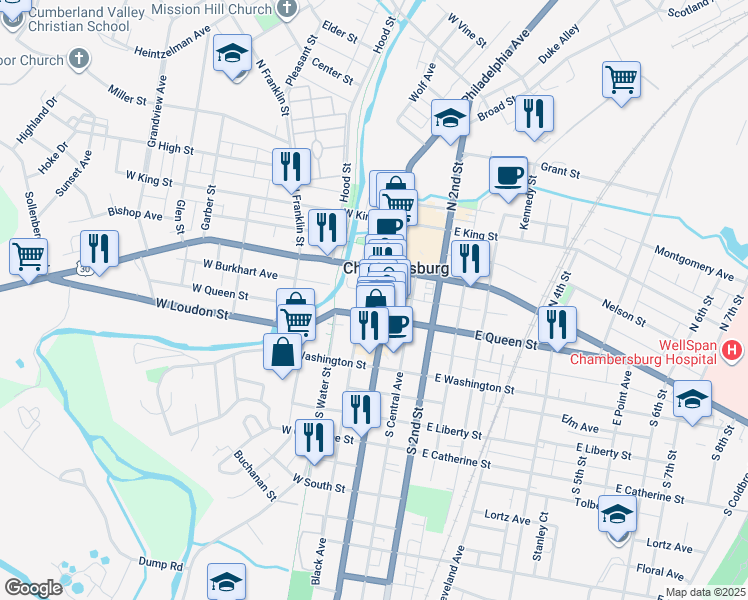 map of restaurants, bars, coffee shops, grocery stores, and more near 57 North Main Street in Chambersburg