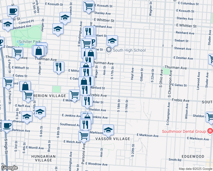 map of restaurants, bars, coffee shops, grocery stores, and more near 550 Hanford Street in Columbus