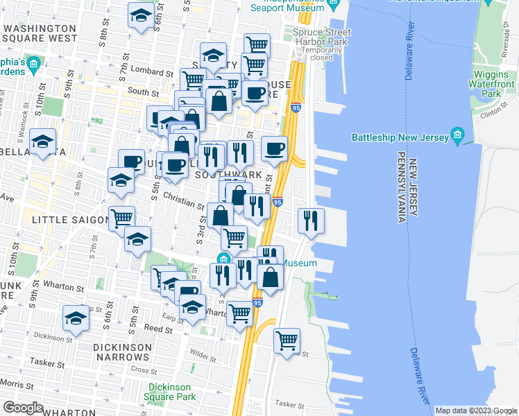 map of restaurants, bars, coffee shops, grocery stores, and more near 826 South Front Street in Philadelphia