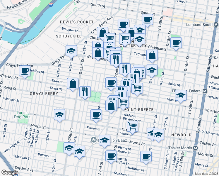 map of restaurants, bars, coffee shops, grocery stores, and more near 2218 Latona Street in Philadelphia