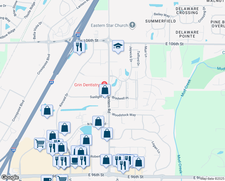 map of restaurants, bars, coffee shops, grocery stores, and more near 106 Bradwell Place in Fishers