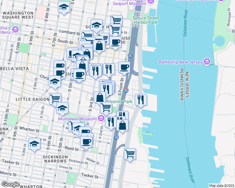 map of restaurants, bars, coffee shops, grocery stores, and more near 826 South Front Street in Philadelphia