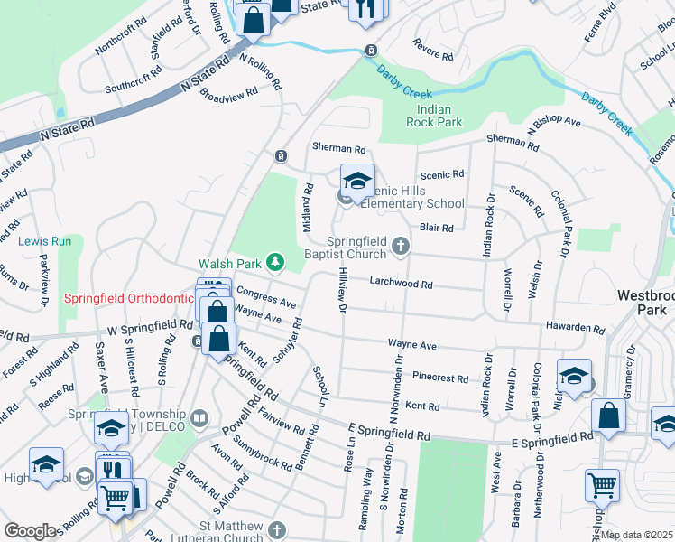 map of restaurants, bars, coffee shops, grocery stores, and more near 308 Larchwood Road in Springfield