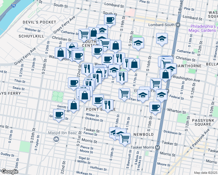 map of restaurants, bars, coffee shops, grocery stores, and more near 1234 South 19th Street in Philadelphia