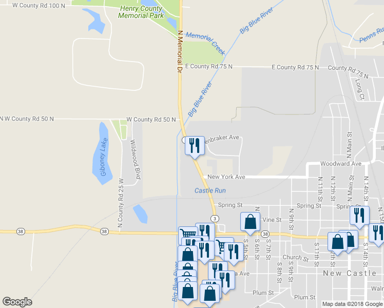 map of restaurants, bars, coffee shops, grocery stores, and more near 546 North Memorial Drive in New Castle