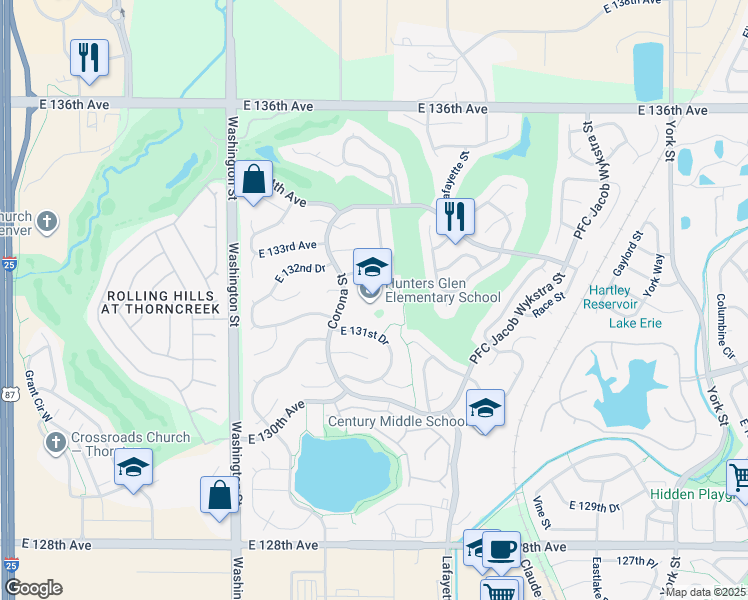 map of restaurants, bars, coffee shops, grocery stores, and more near 13222 Corona Street in Thornton