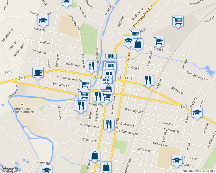 map of restaurants, bars, coffee shops, grocery stores, and more near 53 South Main Street in Chambersburg
