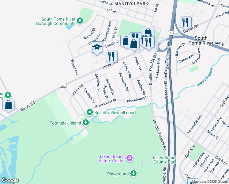 map of restaurants, bars, coffee shops, grocery stores, and more near 28 Bucknell Drive in Toms River