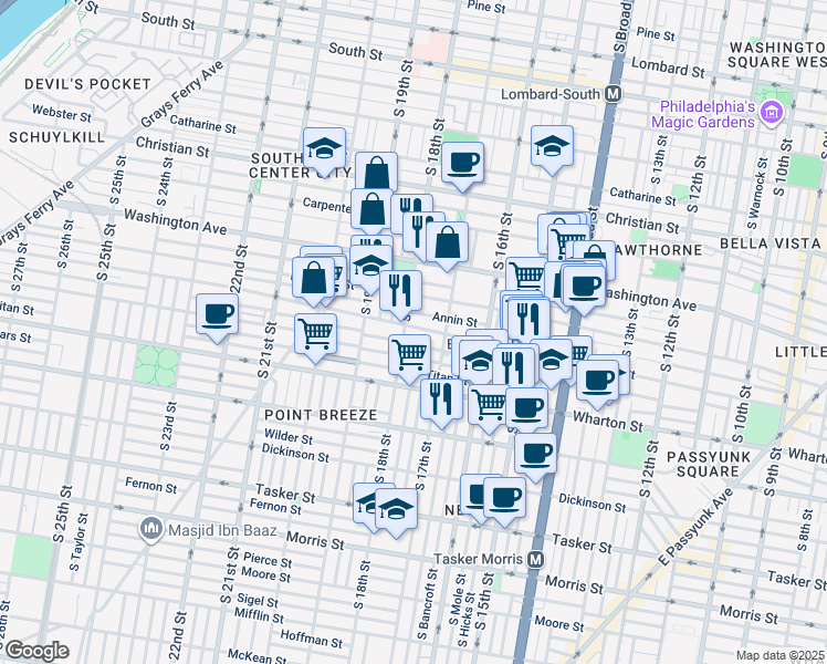 map of restaurants, bars, coffee shops, grocery stores, and more near 1734 Federal Street in Philadelphia