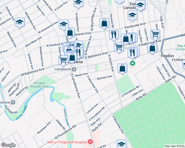 map of restaurants, bars, coffee shops, grocery stores, and more near 68 Nyack Avenue in Lansdowne