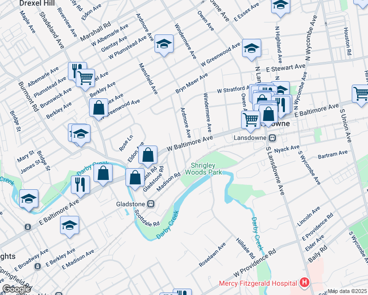 map of restaurants, bars, coffee shops, grocery stores, and more near 164 West Baltimore Avenue in Lansdowne