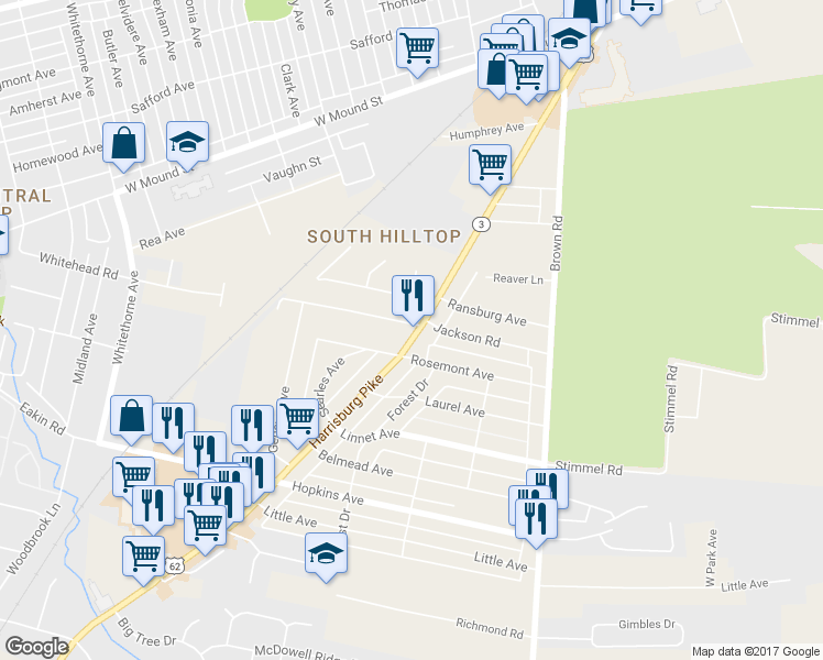 map of restaurants, bars, coffee shops, grocery stores, and more near 1001 Harrisburg Pike in Columbus