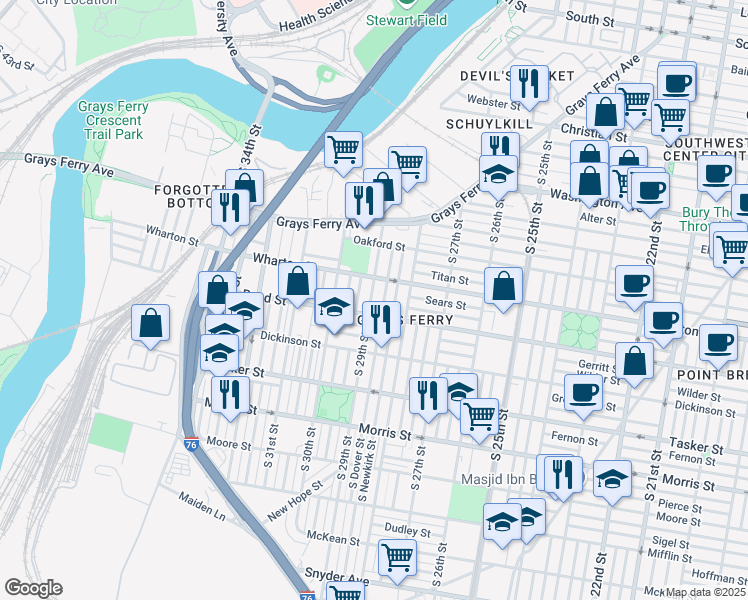 map of restaurants, bars, coffee shops, grocery stores, and more near 1331 South 29th Street in Philadelphia