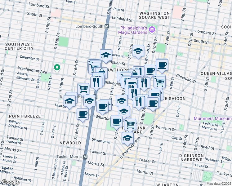 map of restaurants, bars, coffee shops, grocery stores, and more near 1234 Peters Street in Philadelphia