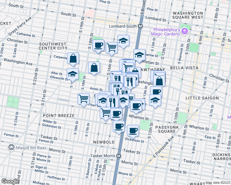 map of restaurants, bars, coffee shops, grocery stores, and more near 1150 South 15th Street in Philadelphia