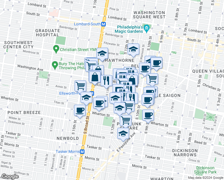 map of restaurants, bars, coffee shops, grocery stores, and more near 1234 Peters Street in Philadelphia
