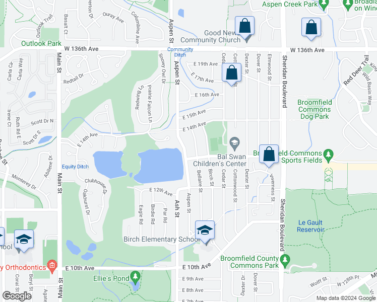 map of restaurants, bars, coffee shops, grocery stores, and more near 1314 Aspen Street in Broomfield