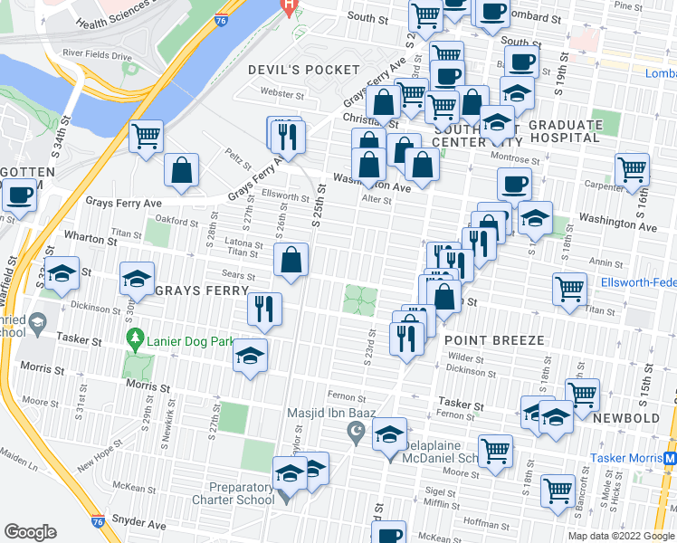 map of restaurants, bars, coffee shops, grocery stores, and more near 1311 South Ringgold Street in Philadelphia