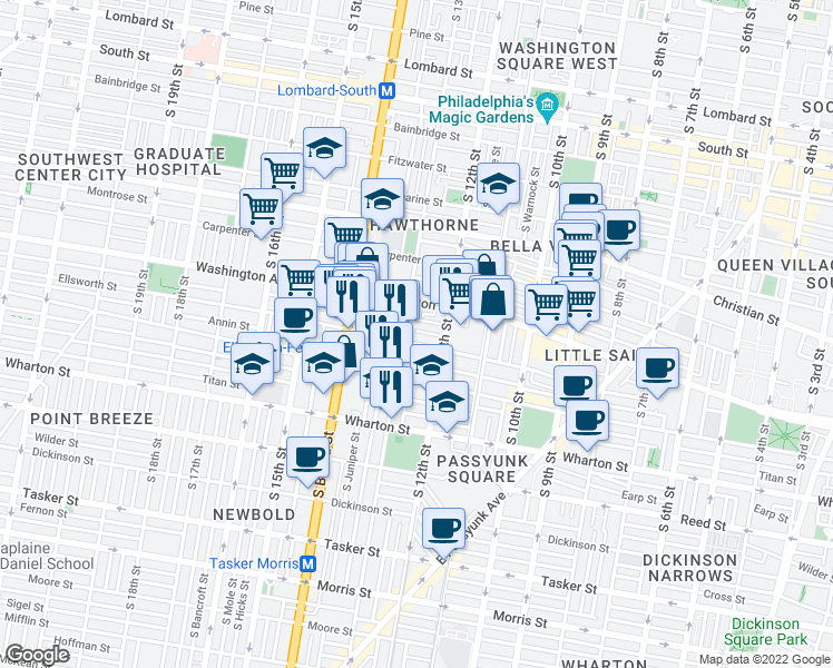 map of restaurants, bars, coffee shops, grocery stores, and more near 1238 Peters Street in Philadelphia