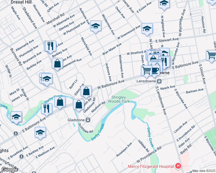map of restaurants, bars, coffee shops, grocery stores, and more near 164 West Baltimore Avenue in Lansdowne