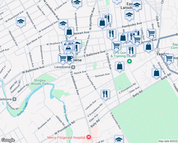 map of restaurants, bars, coffee shops, grocery stores, and more near 60 Nyack Avenue in Lansdowne
