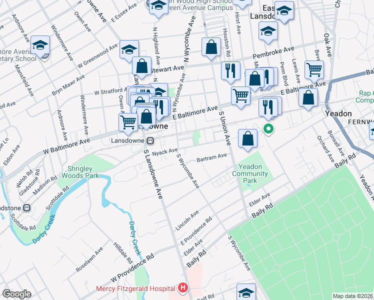 map of restaurants, bars, coffee shops, grocery stores, and more near 68 Nyack Avenue in Lansdowne