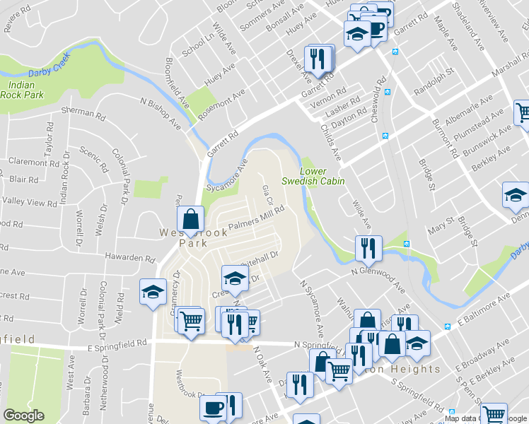map of restaurants, bars, coffee shops, grocery stores, and more near 5048 Palmer Mill Road in Clifton Heights