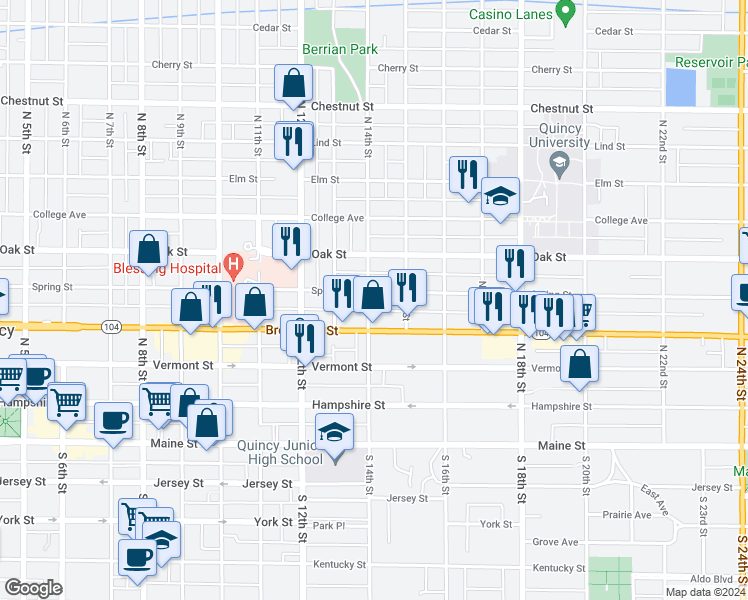 map of restaurants, bars, coffee shops, grocery stores, and more near 426 North 14th Street in Quincy