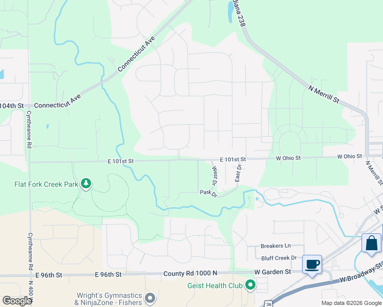 map of restaurants, bars, coffee shops, grocery stores, and more near 16475 East 101st Street in Fortville