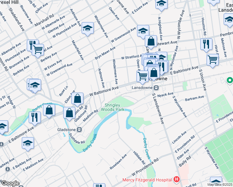 map of restaurants, bars, coffee shops, grocery stores, and more near 120 West Baltimore Avenue in Lansdowne