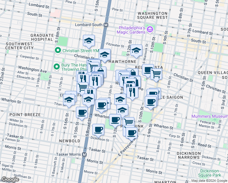 map of restaurants, bars, coffee shops, grocery stores, and more near 1238 Peters Street in Philadelphia