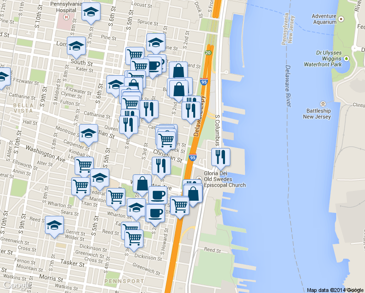 map of restaurants, bars, coffee shops, grocery stores, and more near 831 South Howard Street in Philadelphia