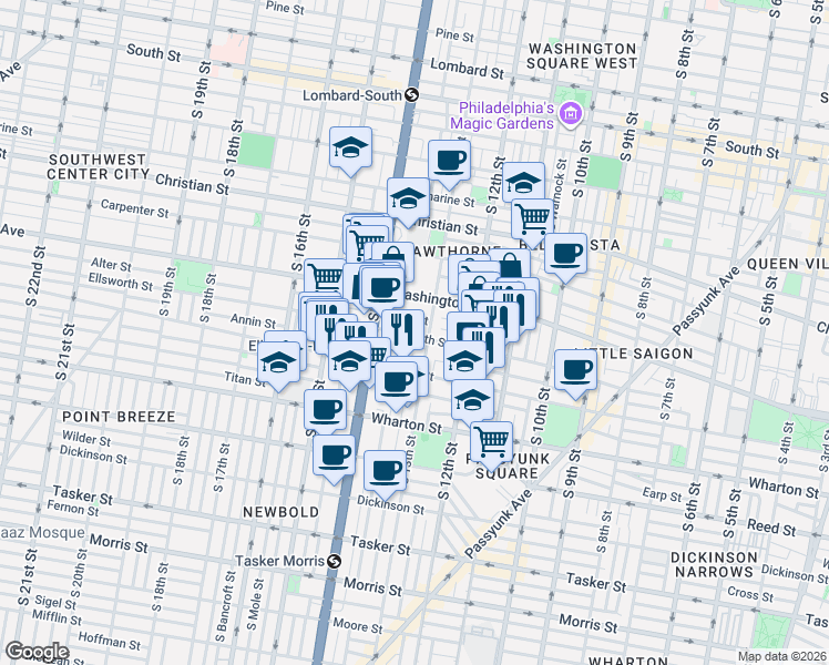 map of restaurants, bars, coffee shops, grocery stores, and more near 1148 South 13th Street in Philadelphia