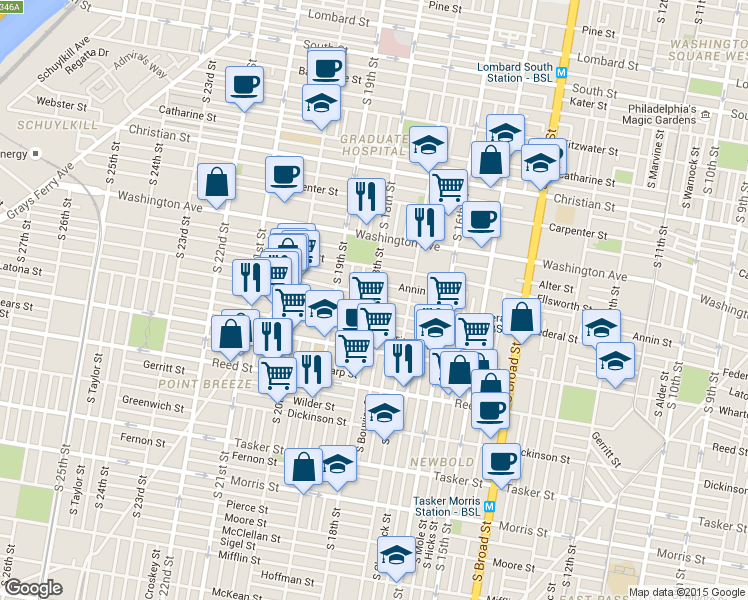 map of restaurants, bars, coffee shops, grocery stores, and more near 1226 South 18th Street in Philadelphia