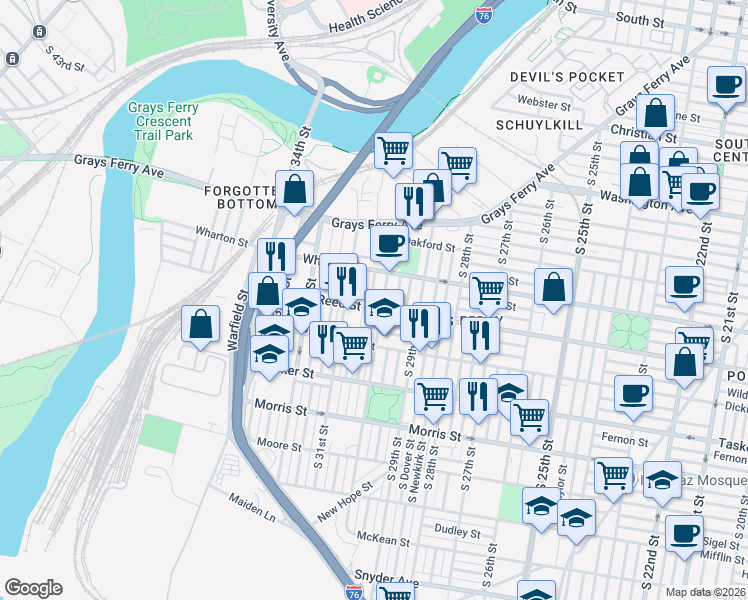 map of restaurants, bars, coffee shops, grocery stores, and more near 2943 Gerritt Street in Philadelphia