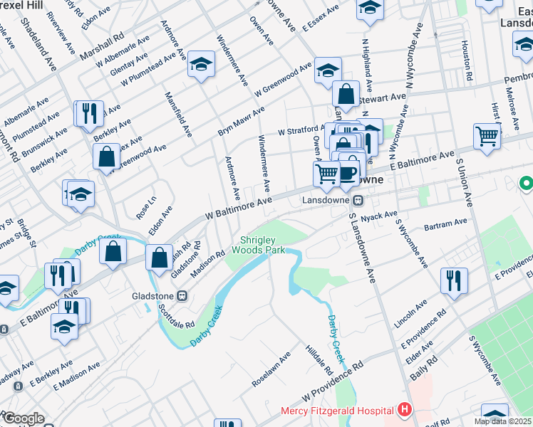 map of restaurants, bars, coffee shops, grocery stores, and more near 120 West Baltimore Avenue in Lansdowne