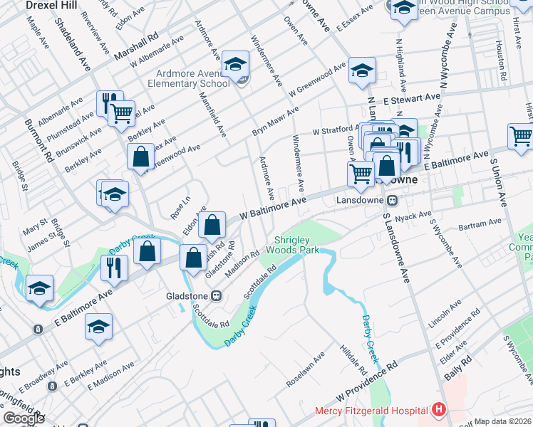 map of restaurants, bars, coffee shops, grocery stores, and more near 8 East Windermere Terrace in Lansdowne