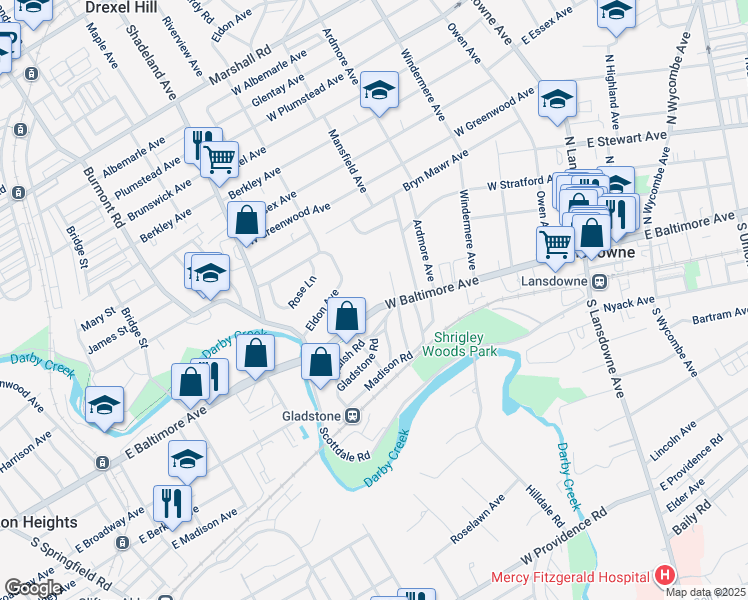 map of restaurants, bars, coffee shops, grocery stores, and more near 225 West Baltimore Avenue in Lansdowne