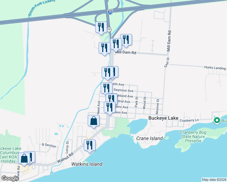 map of restaurants, bars, coffee shops, grocery stores, and more near 42 Highland Avenue in Buckeye Lake