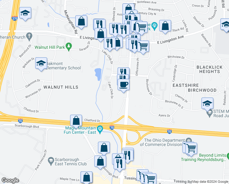 map of restaurants, bars, coffee shops, grocery stores, and more near 2211 Lake Club Drive in Columbus