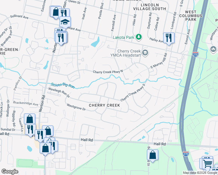 map of restaurants, bars, coffee shops, grocery stores, and more near 5244 Cherry Creek Parkway North in Columbus