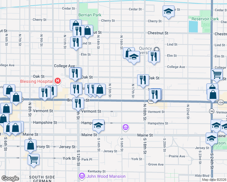 map of restaurants, bars, coffee shops, grocery stores, and more near 415 N 15th St in Quincy