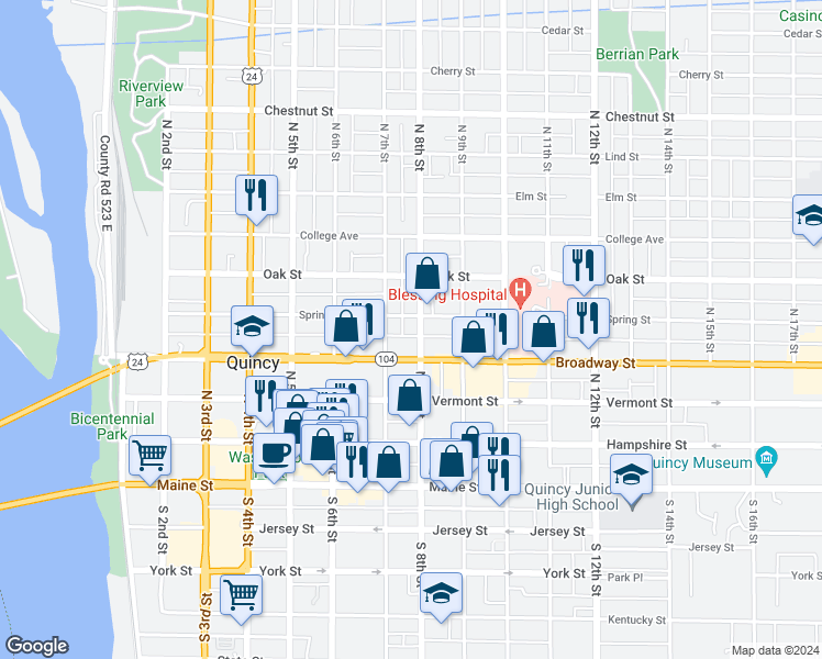 map of restaurants, bars, coffee shops, grocery stores, and more near 709 Broadway St in Quincy