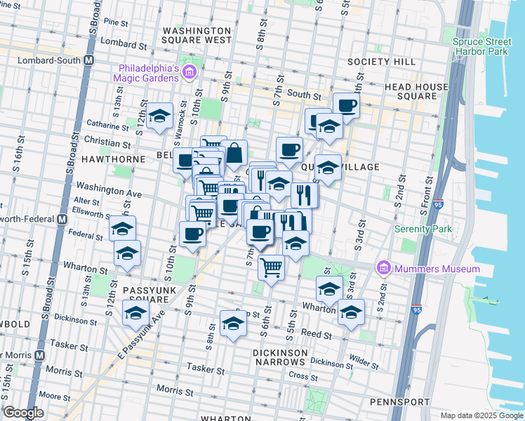 map of restaurants, bars, coffee shops, grocery stores, and more near 642R Carpenter Street in Philadelphia