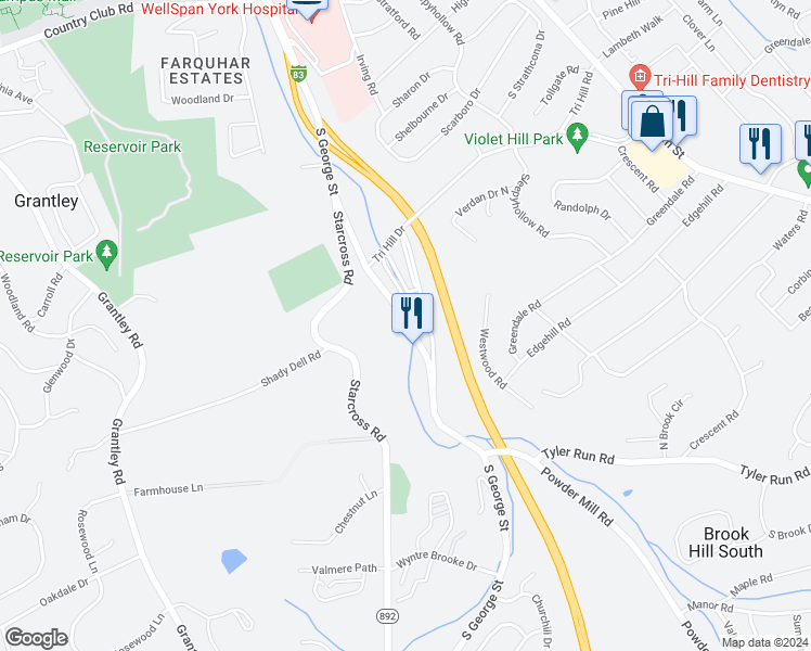 map of restaurants, bars, coffee shops, grocery stores, and more near 1458 South George Street in York