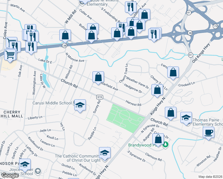 map of restaurants, bars, coffee shops, grocery stores, and more near 200 Harvest Road in Cherry Hill