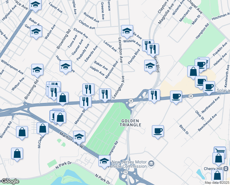 map of restaurants, bars, coffee shops, grocery stores, and more near 5828 Lexington Avenue in Merchantville