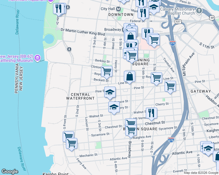map of restaurants, bars, coffee shops, grocery stores, and more near 340 Pine Street in Camden